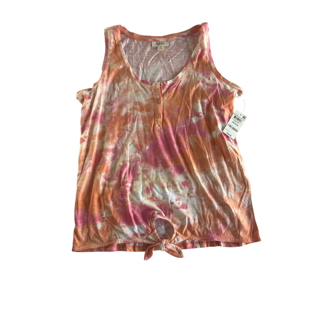 Style & Co Womens Tie Dye Tie Front Henley Tank Top Sunrise Multi Orange Pink M